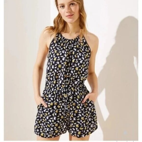 Ann Taylor Loft romper pom pom trim drawstring waist ruffle lemon halter - Picture 1 of 6
